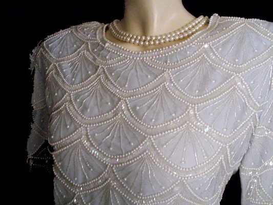 *  SPARKLING LAWRENCE KAZAR PEARL, SHOT & SEQUIN CHIFFON EVENING GOWN - 22 FEET GRAND SWEEP - SIZE LARGE