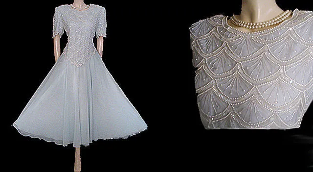 *  SPARKLING LAWRENCE KAZAR PEARL, SHOT & SEQUIN CHIFFON EVENING GOWN - 22 FEET GRAND SWEEP - SIZE LARGE