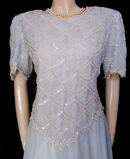 *  SPARKLING LAWRENCE KAZAR PEARL, SHOT & SEQUIN CHIFFON EVENING GOWN - 22 FEET GRAND SWEEP - SIZE LARGE
