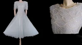 *  SPARKLING LAWRENCE KAZAR PEARL, SHOT & SEQUIN CHIFFON EVENING GOWN - 22 FEET GRAND SWEEP - SIZE LARGE