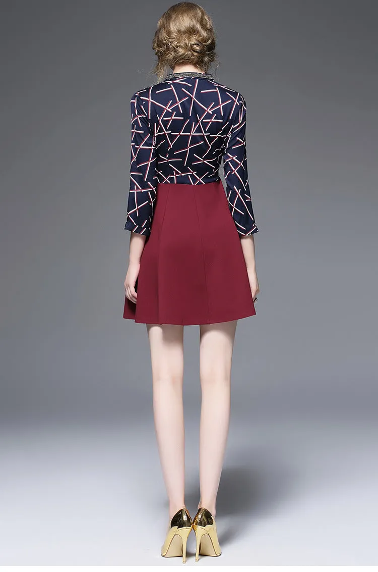 3/4 Sleeve V-neck Contrast A-line Dress