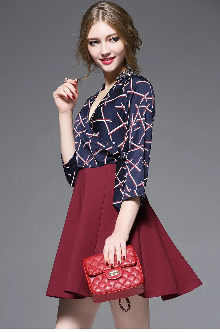 3/4 Sleeve V-neck Contrast A-line Dress