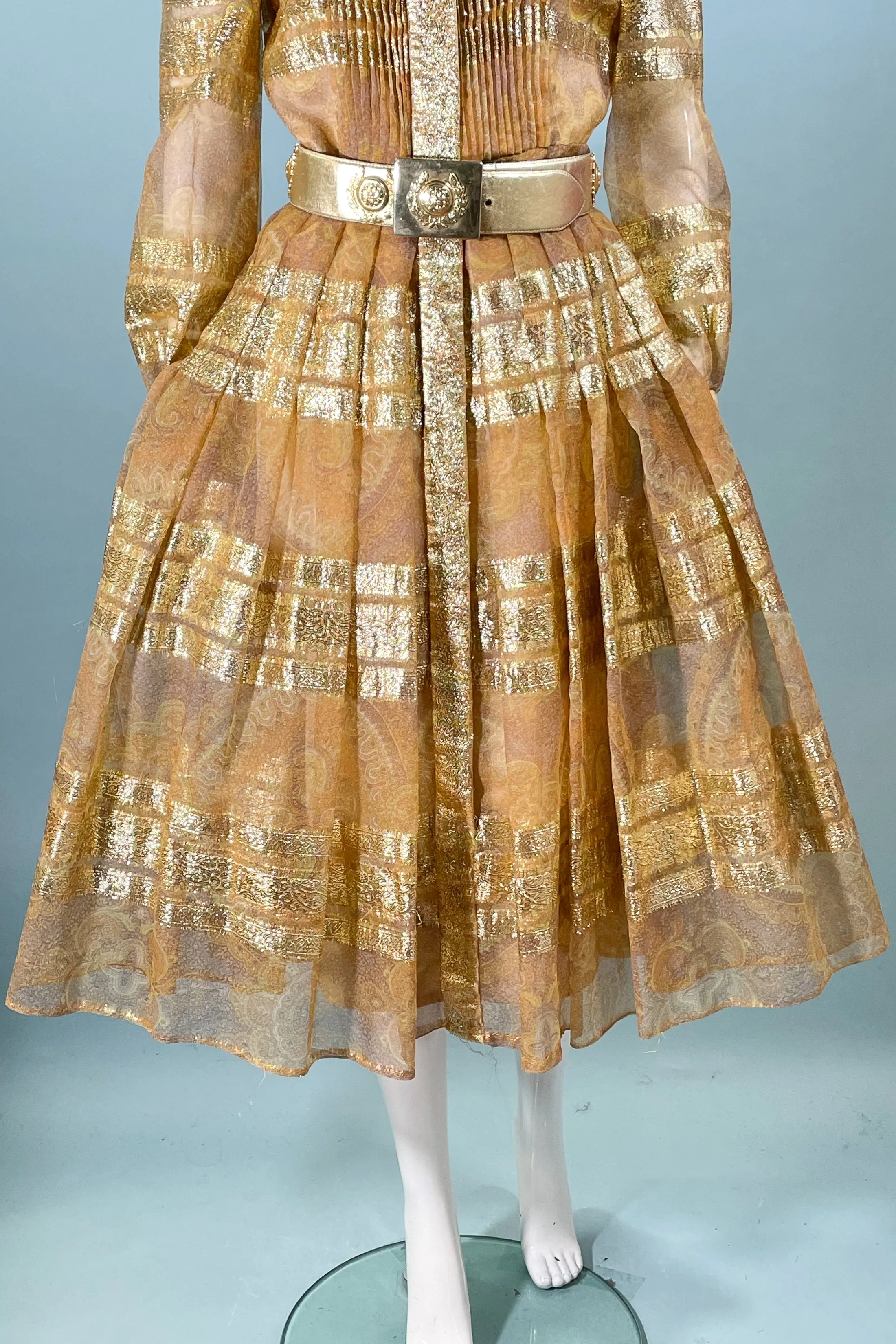 70s Bohemian Gold Accented Party Dress, Indian Ethnic Boho Design 31" W