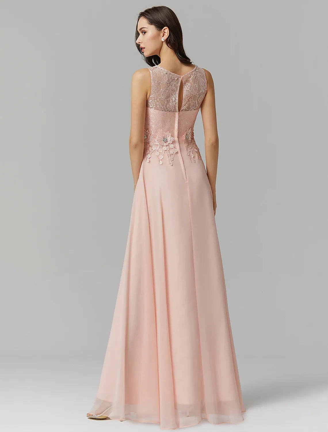 A-Line Empire Dress Wedding Guest Floor Length Sleeveless Illusion Neck Chiffon with Beading Appliques