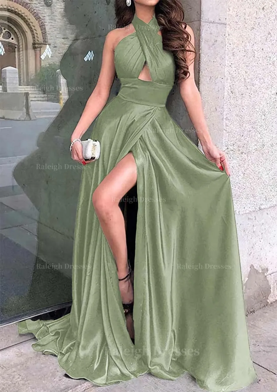 A-line Halter Sleeveless Long/Floor-Length Charmeuse Prom Dress With Split