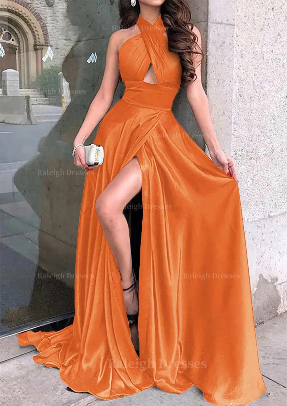 A-line Halter Sleeveless Long/Floor-Length Charmeuse Prom Dress With Split