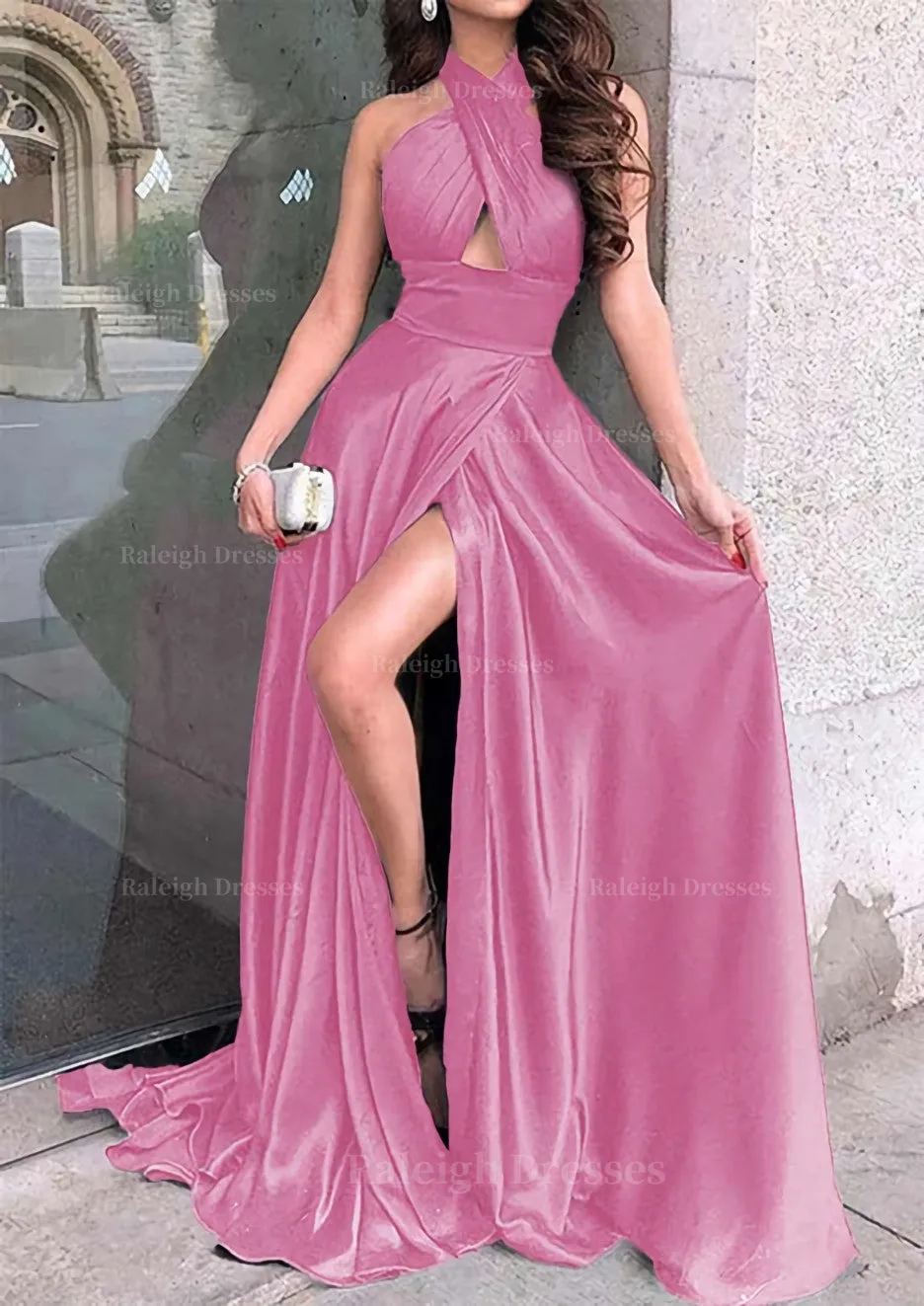 A-line Halter Sleeveless Long/Floor-Length Charmeuse Prom Dress With Split