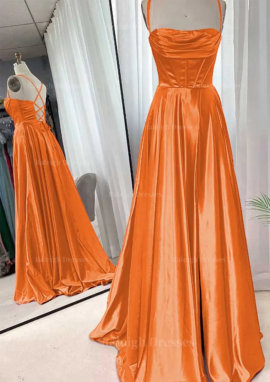 A-line Square Neckline Spaghetti Straps Sweep Train Charmeuse Prom Dress With Pleated