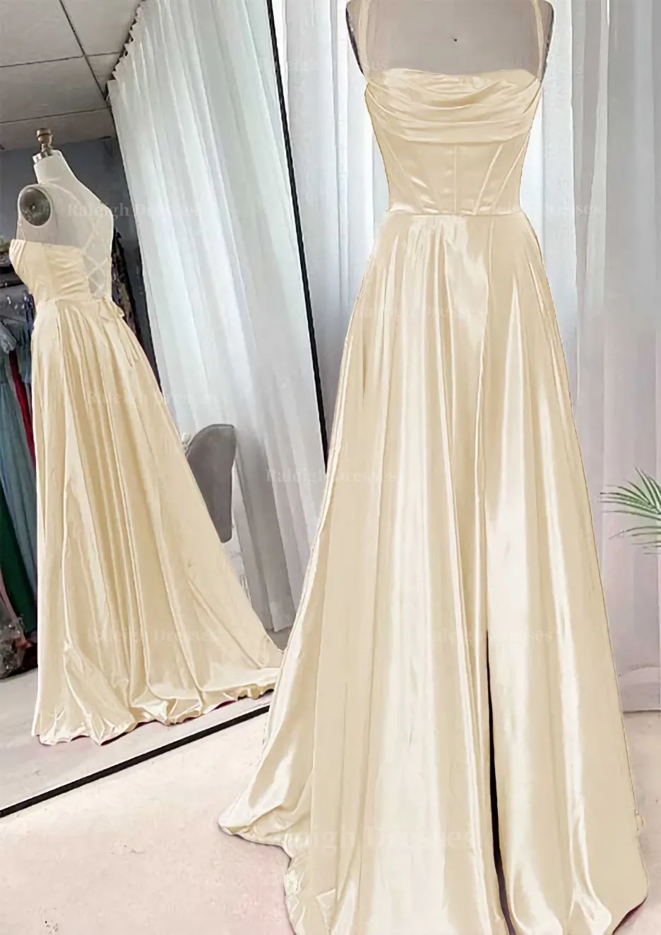 A-line Square Neckline Spaghetti Straps Sweep Train Charmeuse Prom Dress With Pleated