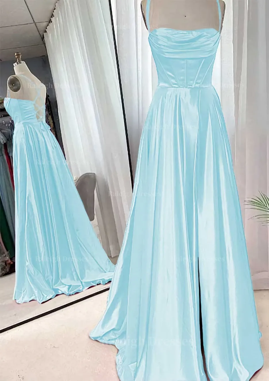 A-line Square Neckline Spaghetti Straps Sweep Train Charmeuse Prom Dress With Pleated