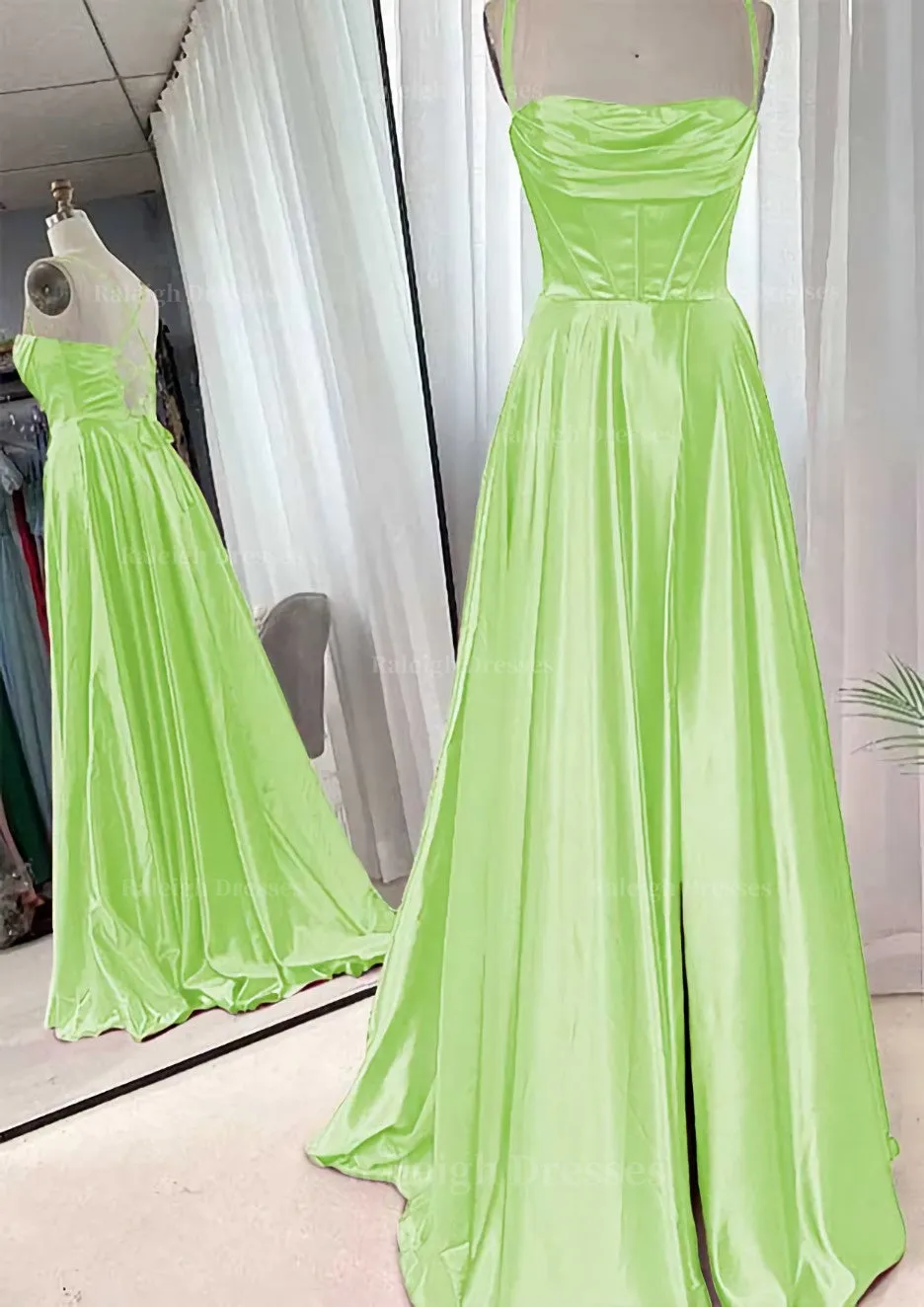 A-line Square Neckline Spaghetti Straps Sweep Train Charmeuse Prom Dress With Pleated