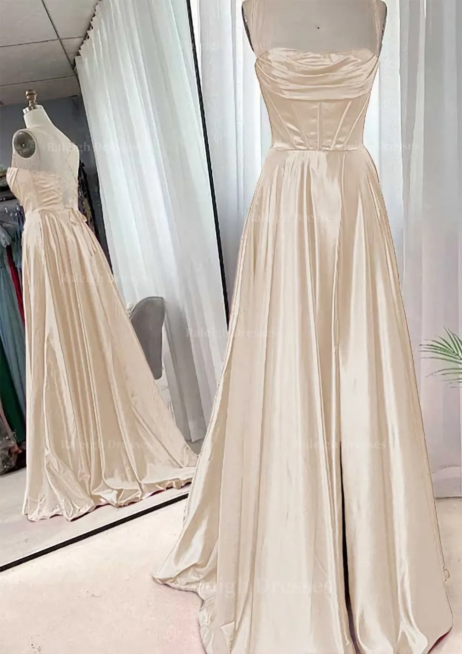 A-line Square Neckline Spaghetti Straps Sweep Train Charmeuse Prom Dress With Pleated