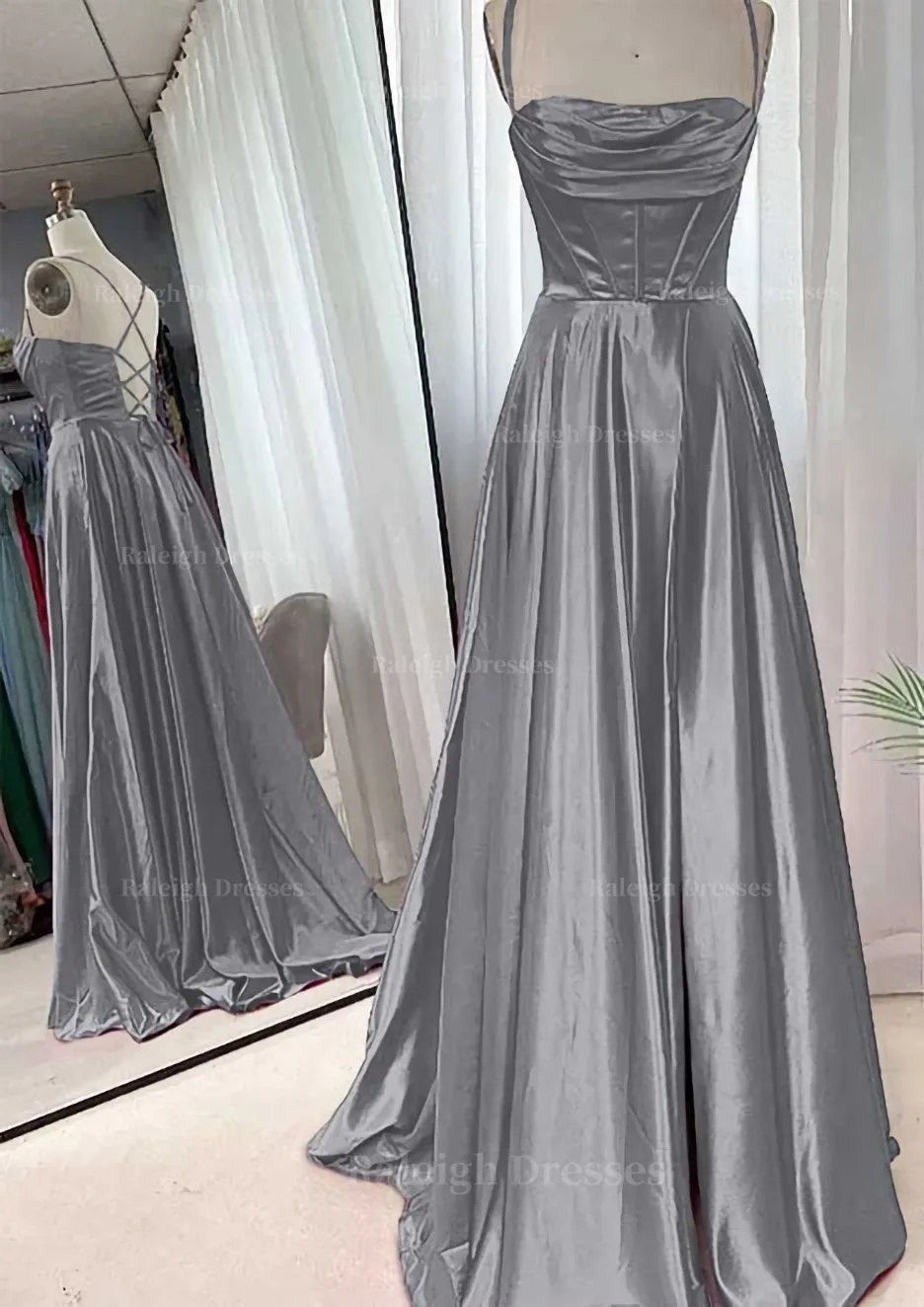A-line Square Neckline Spaghetti Straps Sweep Train Charmeuse Prom Dress With Pleated