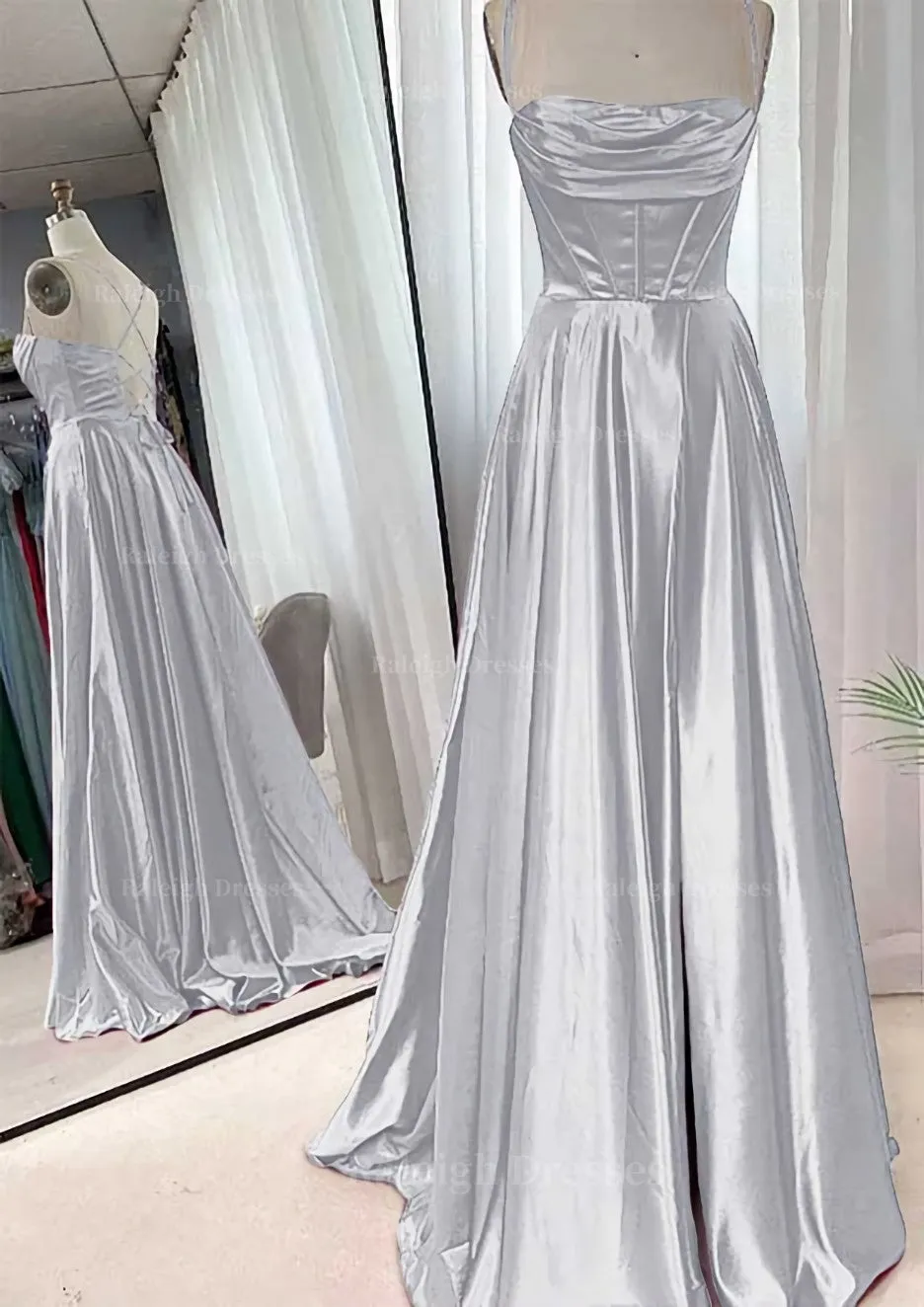 A-line Square Neckline Spaghetti Straps Sweep Train Charmeuse Prom Dress With Pleated