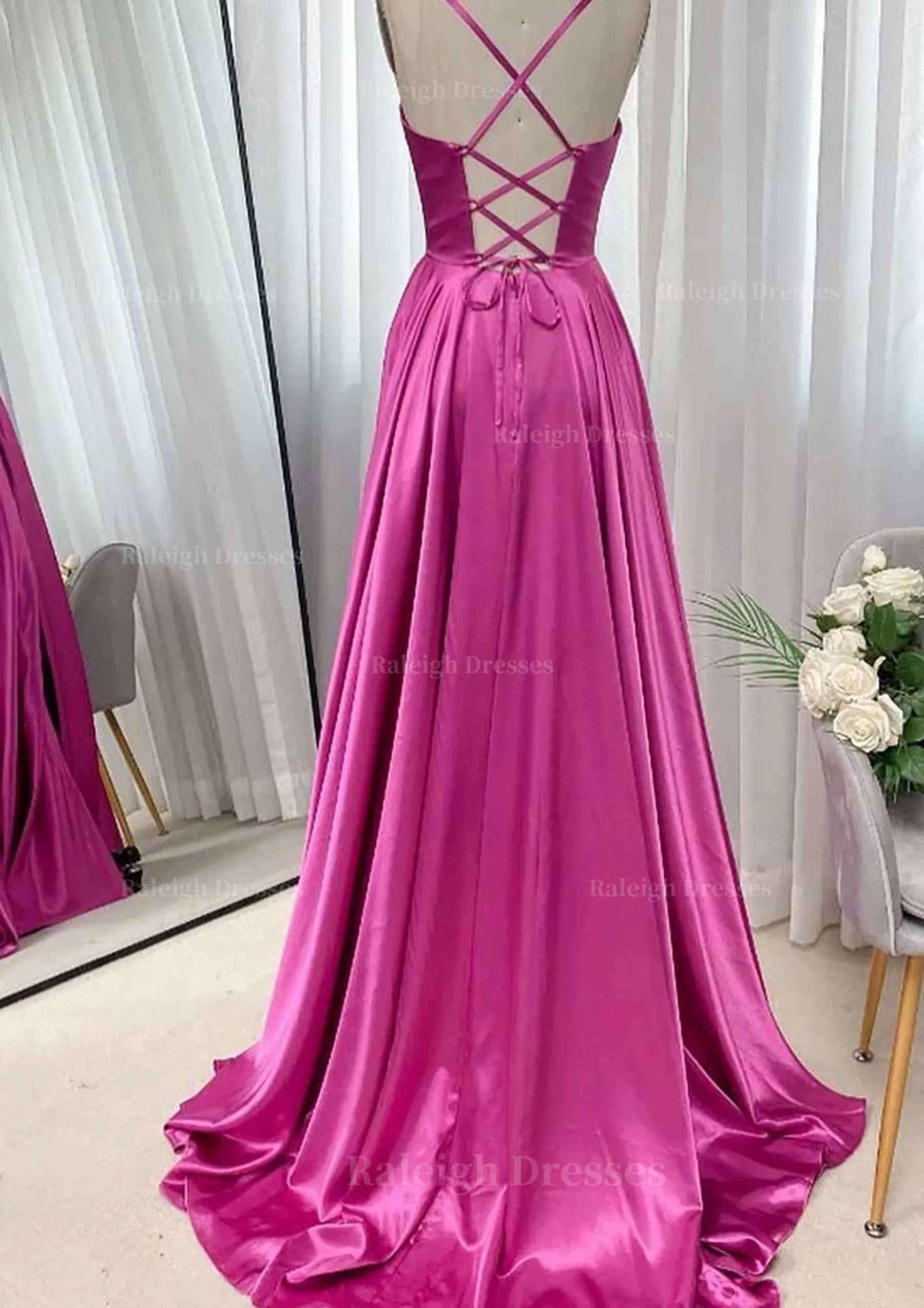 A-line Square Neckline Spaghetti Straps Sweep Train Charmeuse Prom Dress With Pleated