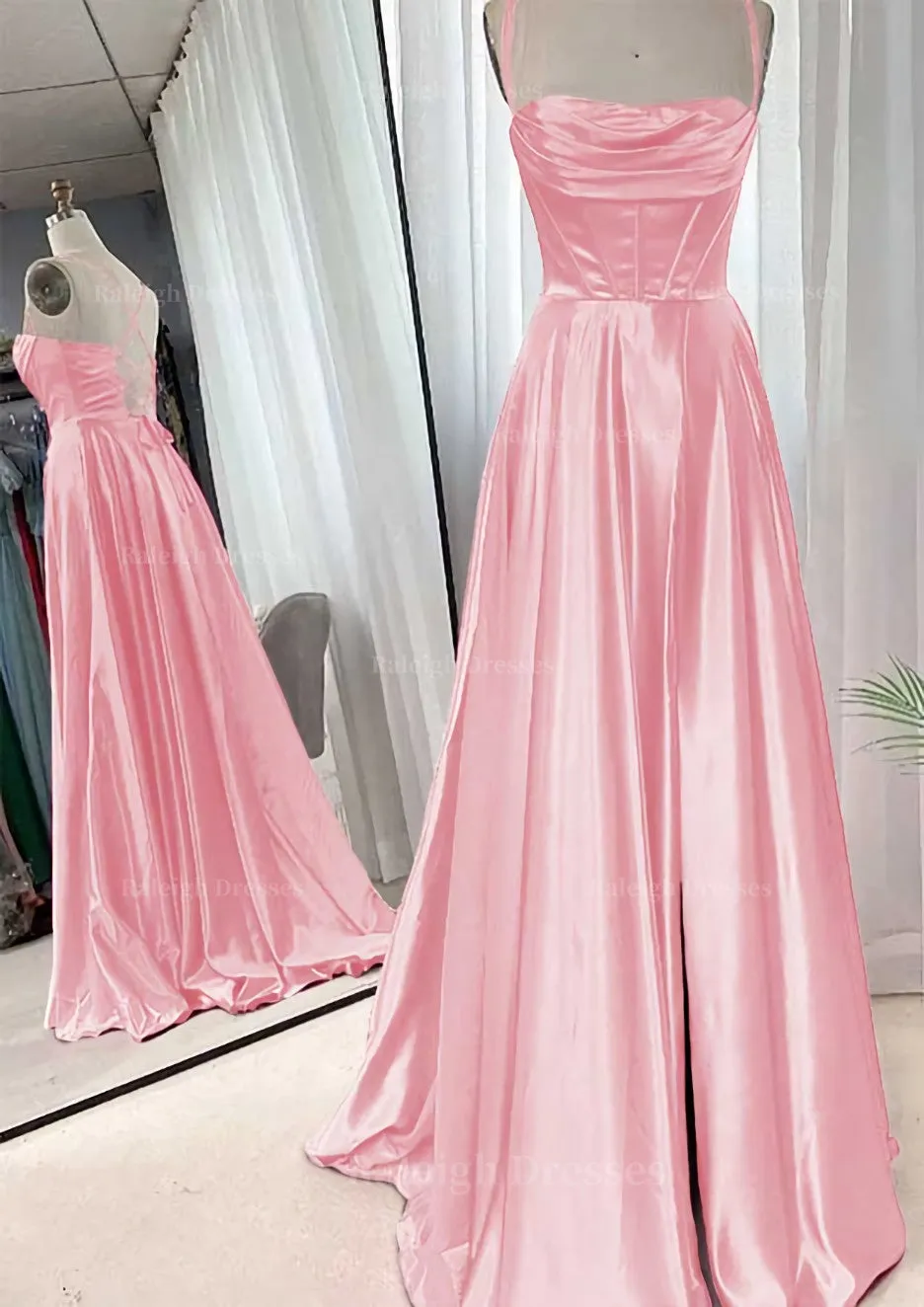 A-line Square Neckline Spaghetti Straps Sweep Train Charmeuse Prom Dress With Pleated