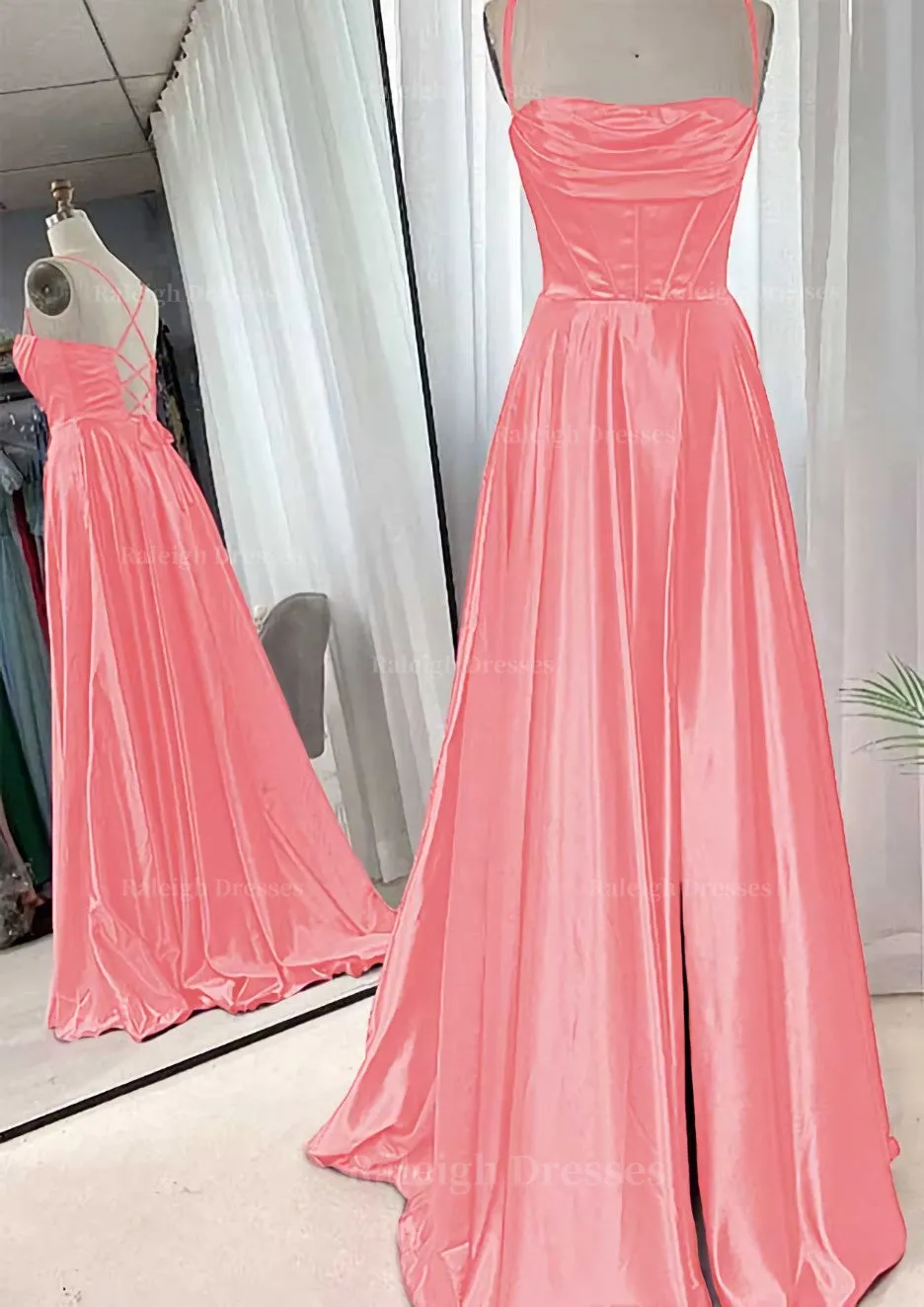 A-line Square Neckline Spaghetti Straps Sweep Train Charmeuse Prom Dress With Pleated