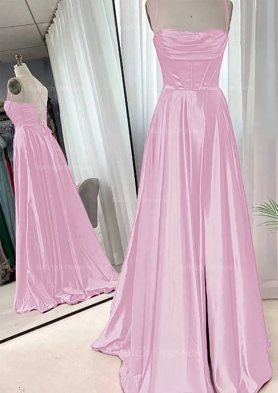 A-line Square Neckline Spaghetti Straps Sweep Train Charmeuse Prom Dress With Pleated