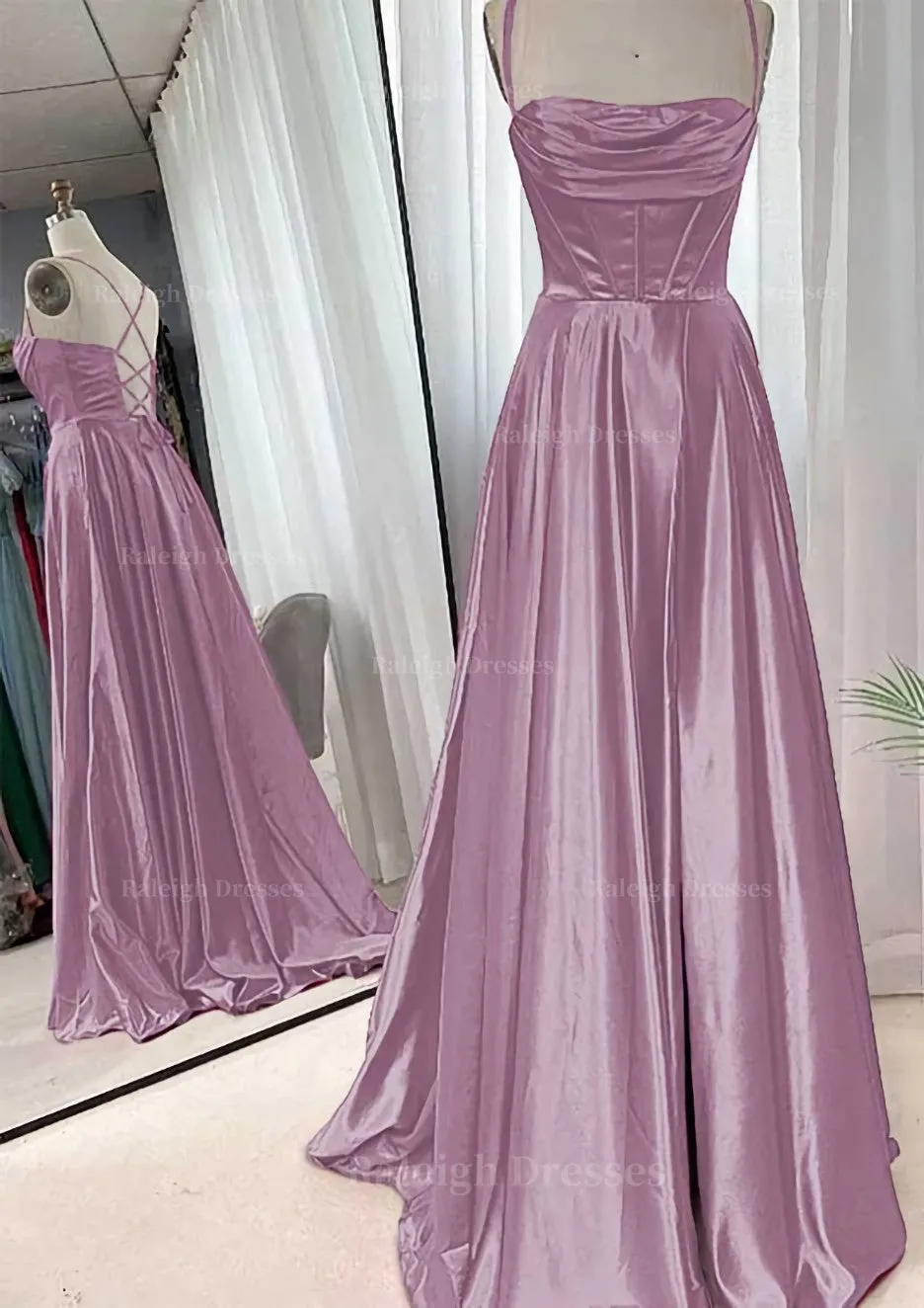 A-line Square Neckline Spaghetti Straps Sweep Train Charmeuse Prom Dress With Pleated