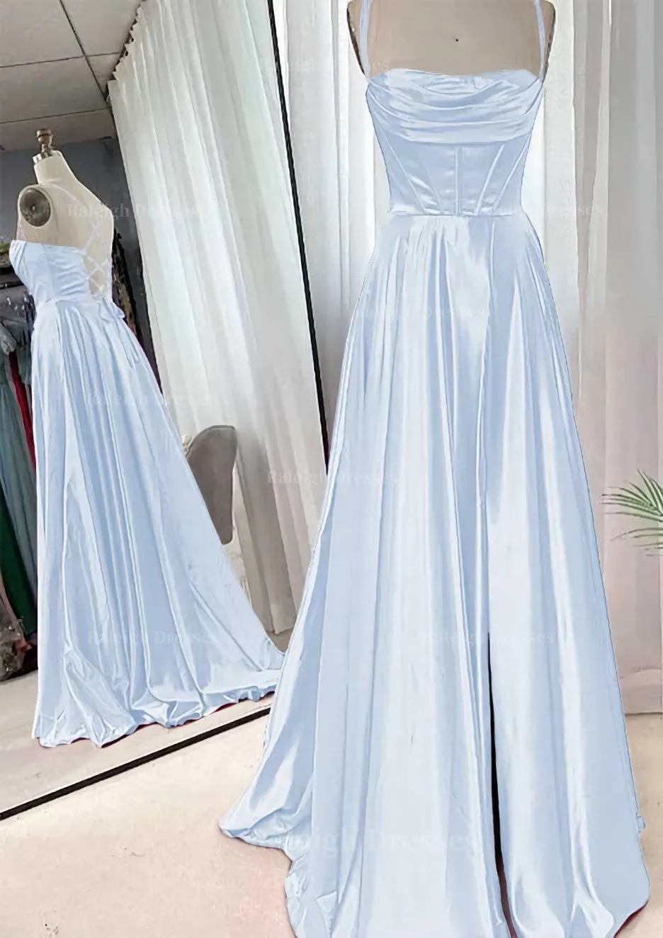 A-line Square Neckline Spaghetti Straps Sweep Train Charmeuse Prom Dress With Pleated