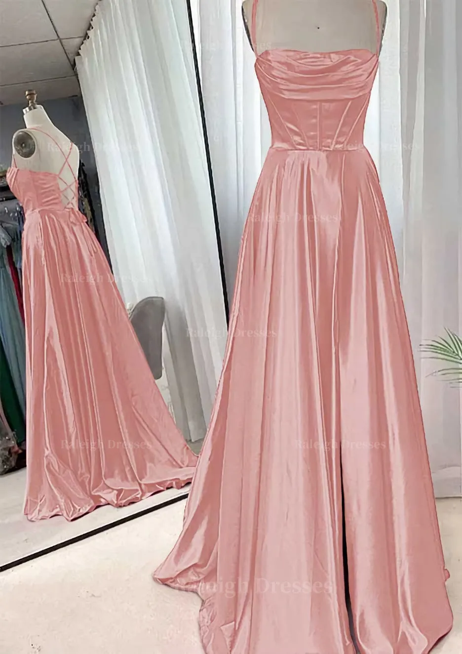 A-line Square Neckline Spaghetti Straps Sweep Train Charmeuse Prom Dress With Pleated