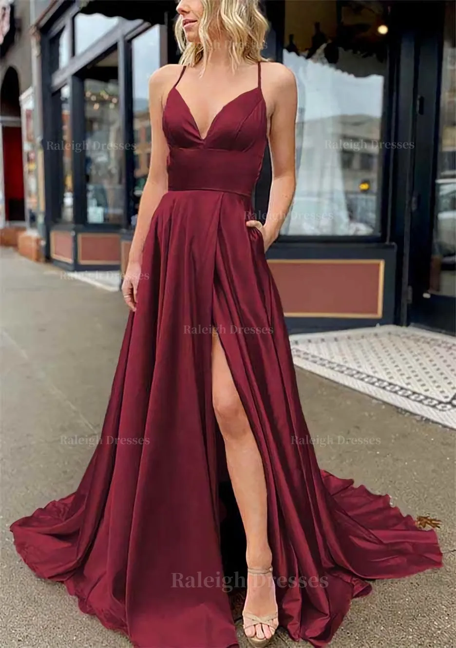 A-line V Neck Sleeveless Charmeuse Sweep Train Prom Dress With Pockets