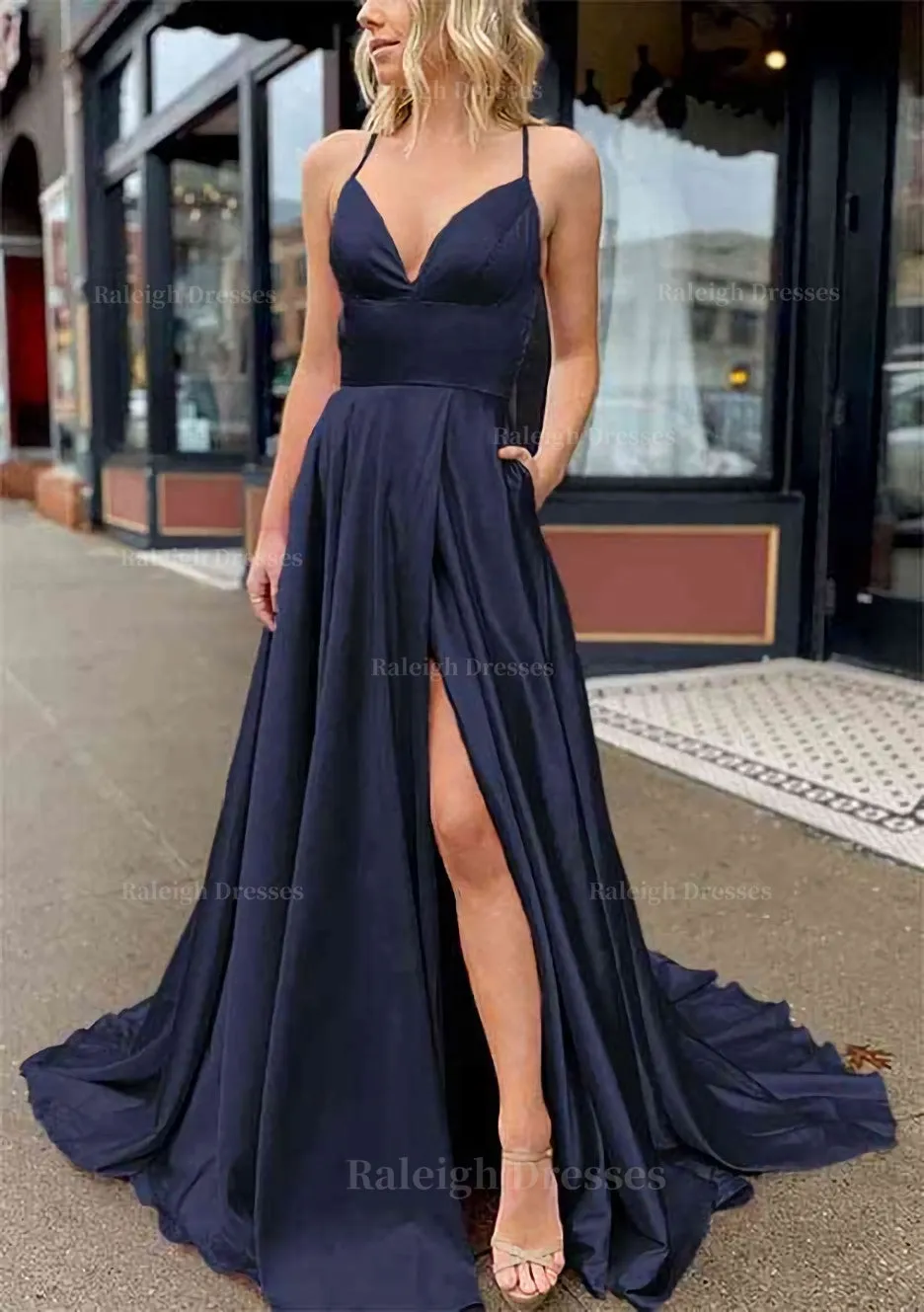 A-line V Neck Sleeveless Charmeuse Sweep Train Prom Dress With Pockets