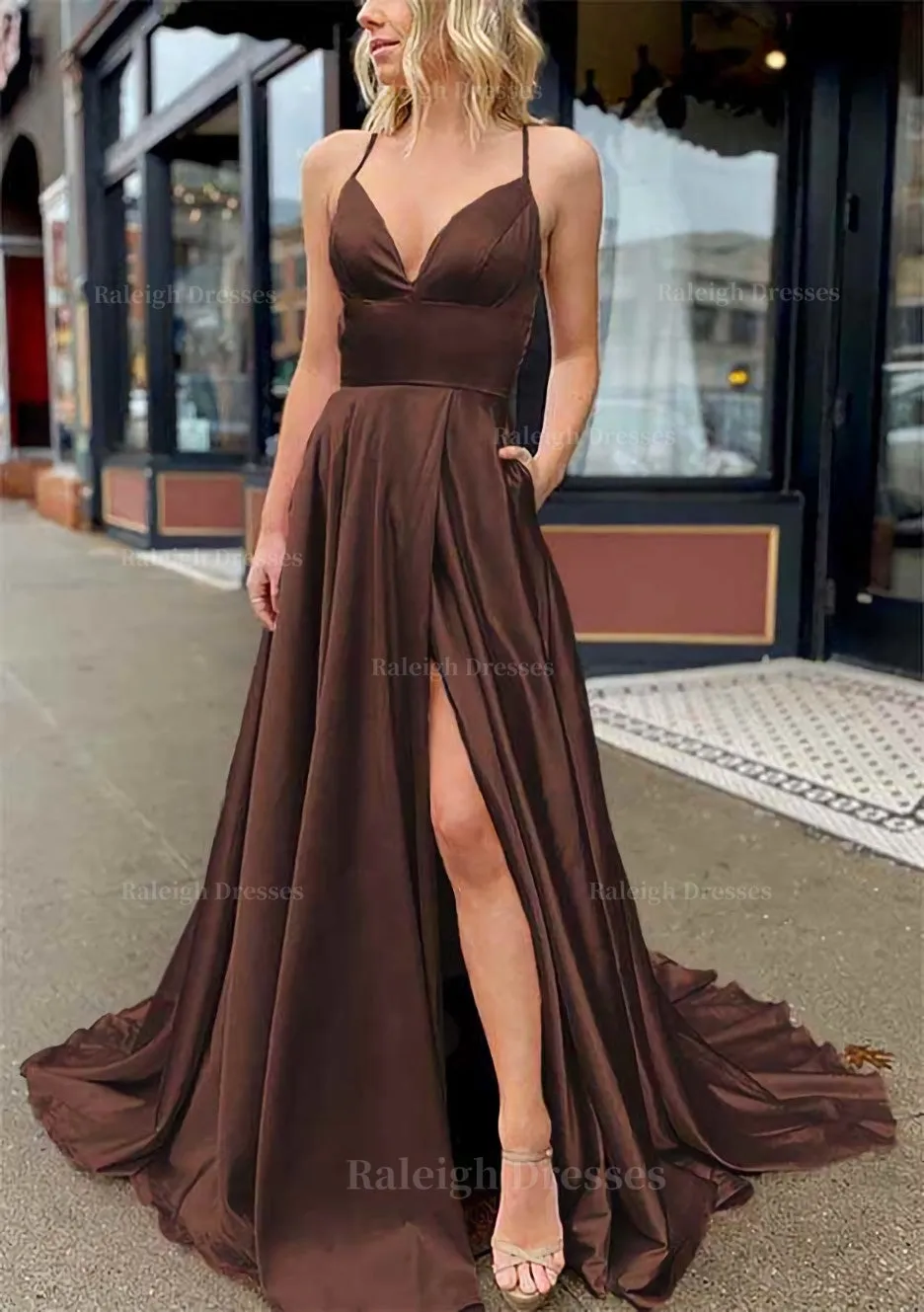 A-line V Neck Sleeveless Charmeuse Sweep Train Prom Dress With Pockets