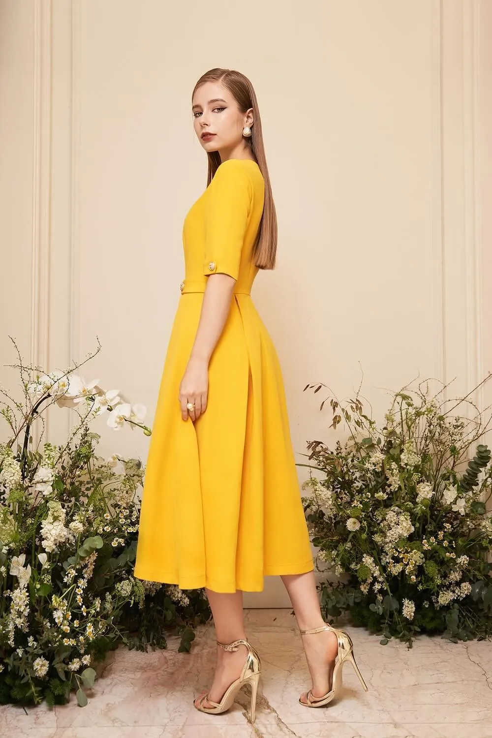 Adaline Fit and Flare Round Neck Cavalry Twill Midi Dress