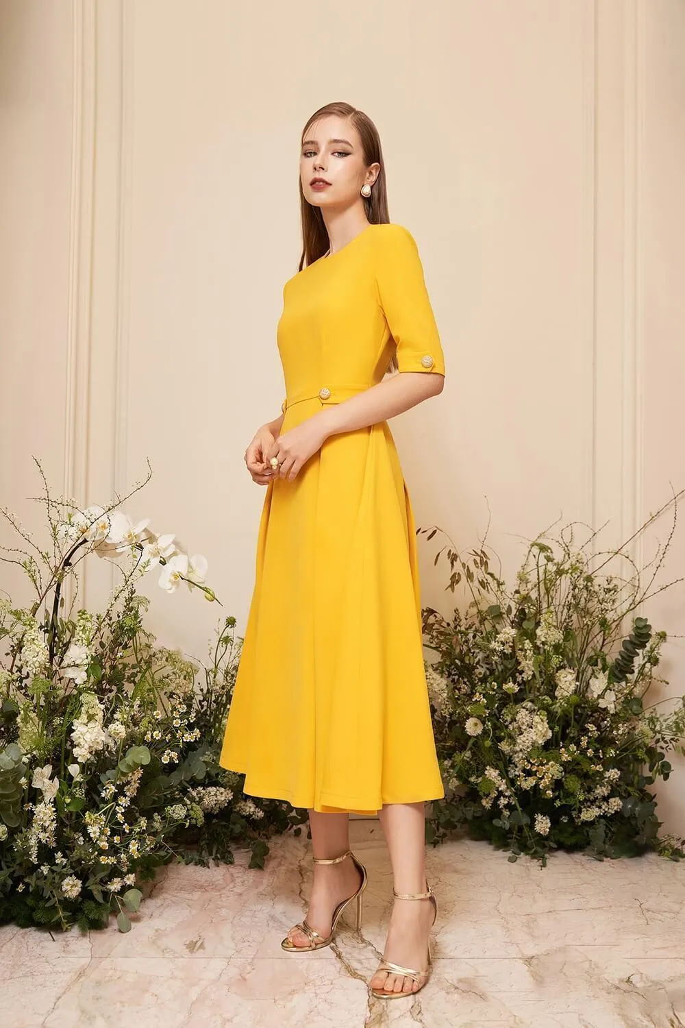 Adaline Fit and Flare Round Neck Cavalry Twill Midi Dress