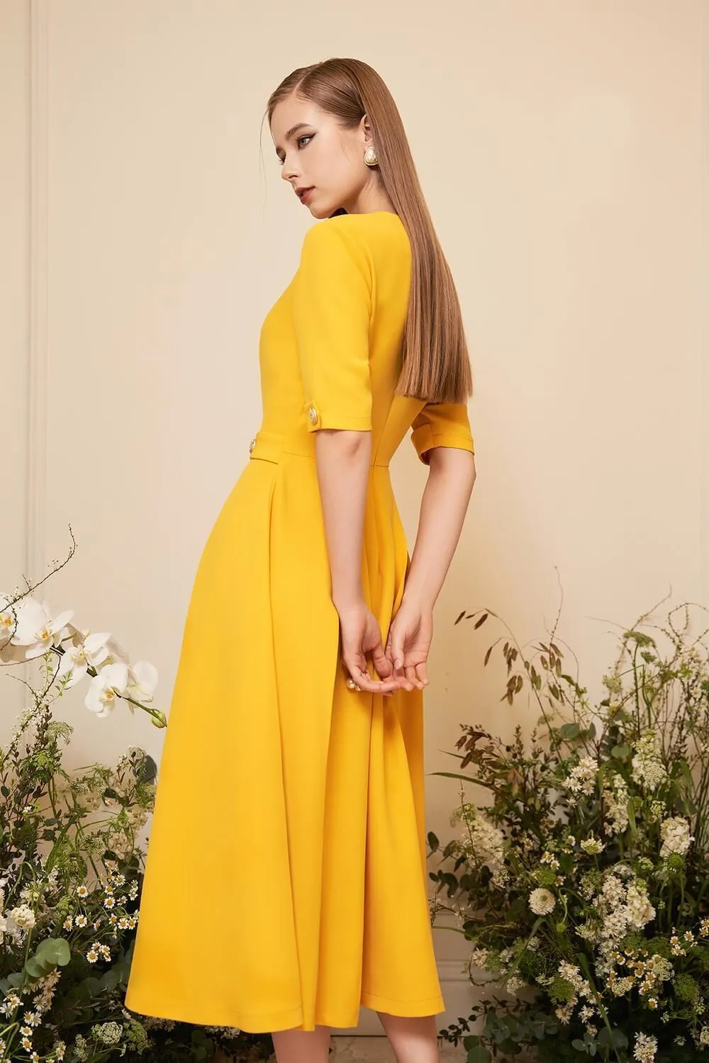 Adaline Fit and Flare Round Neck Cavalry Twill Midi Dress
