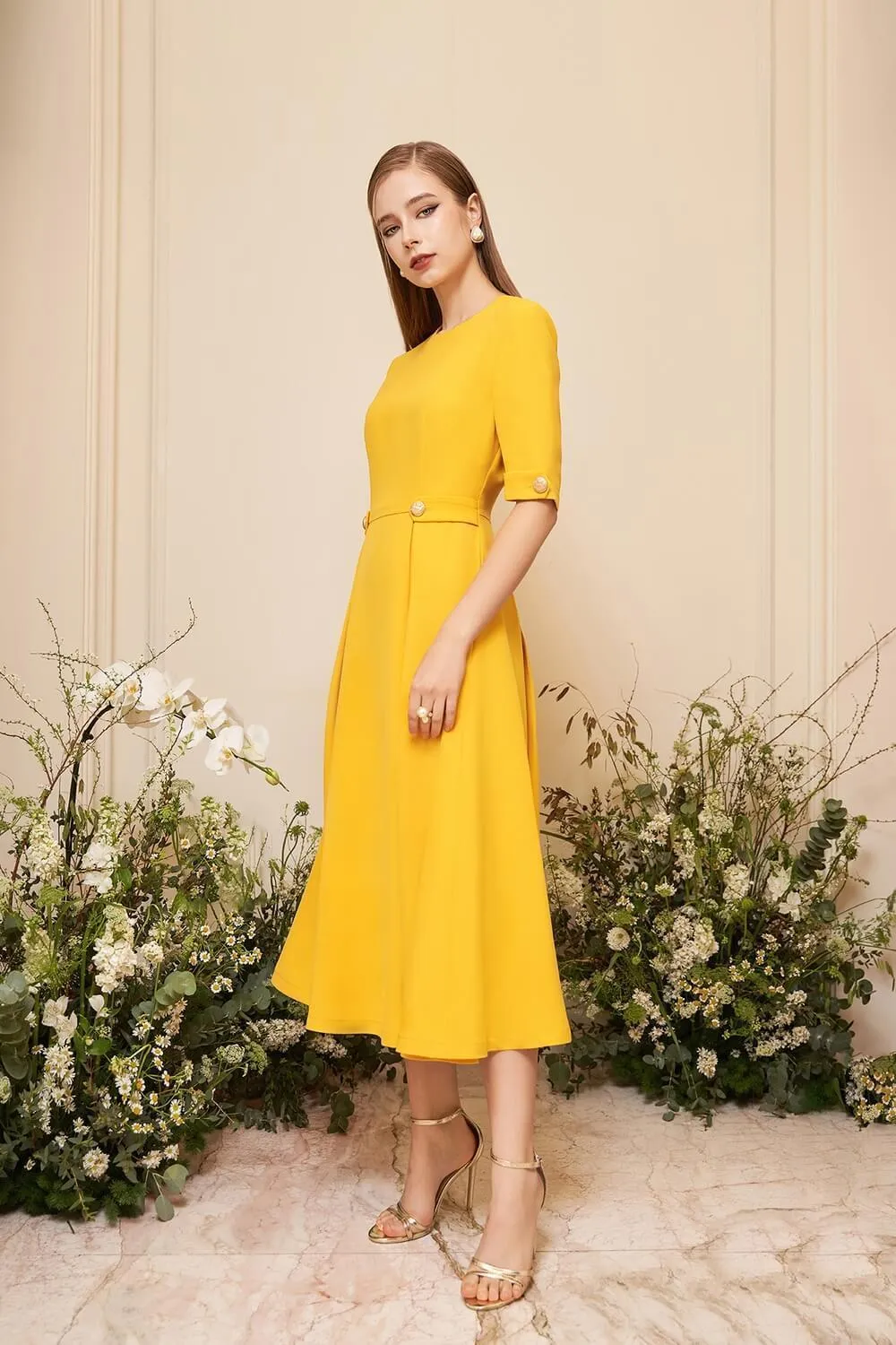 Adaline Fit and Flare Round Neck Cavalry Twill Midi Dress