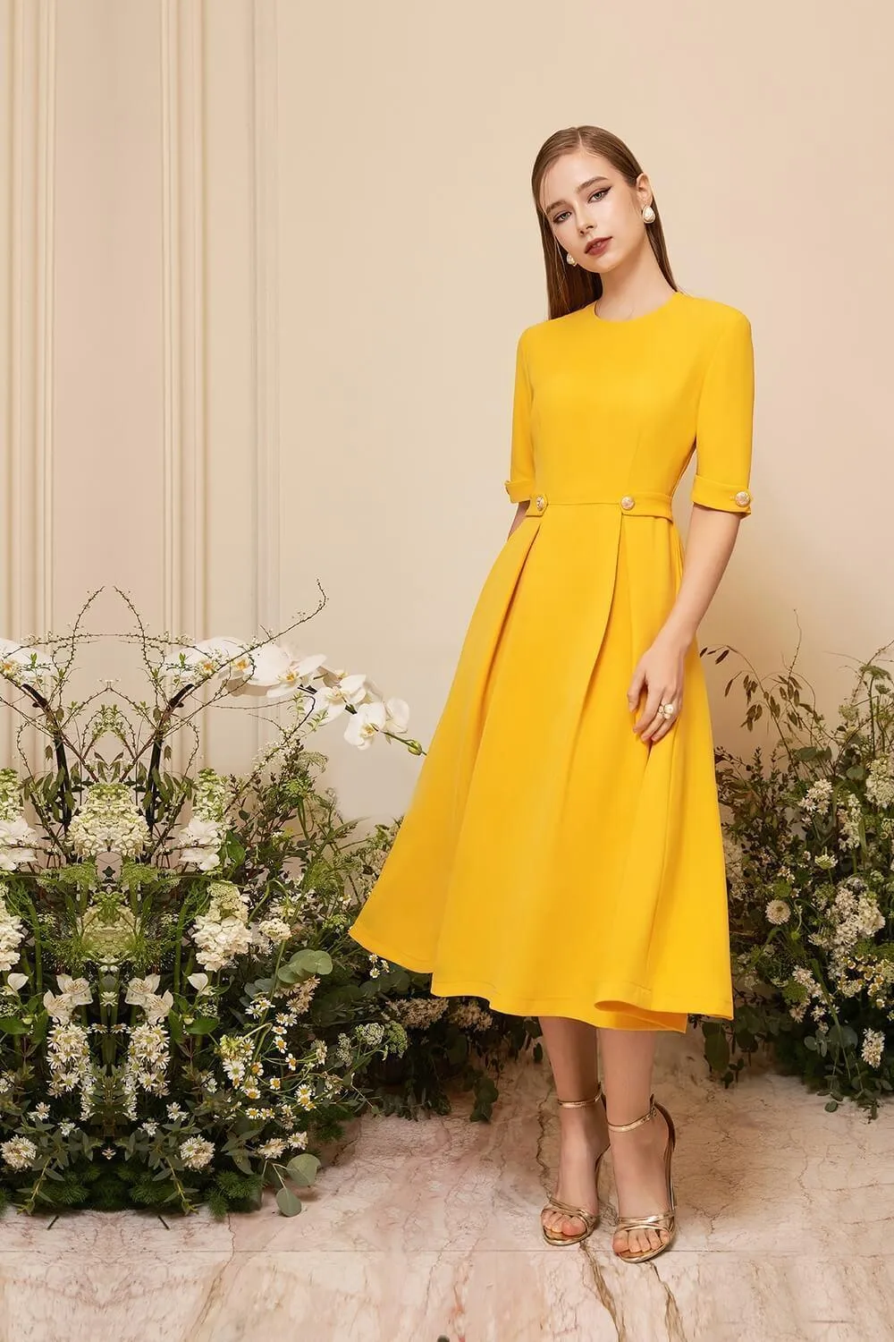 Adaline Fit and Flare Round Neck Cavalry Twill Midi Dress