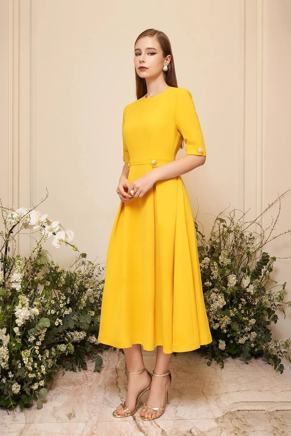 Adaline Fit and Flare Round Neck Cavalry Twill Midi Dress