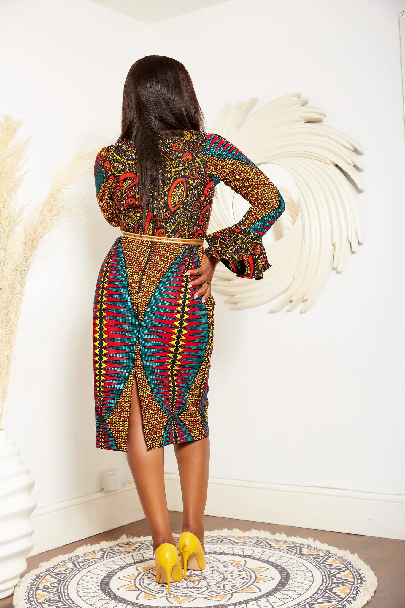 African Print Long Sleeve Pencil Midi Dress - Otega