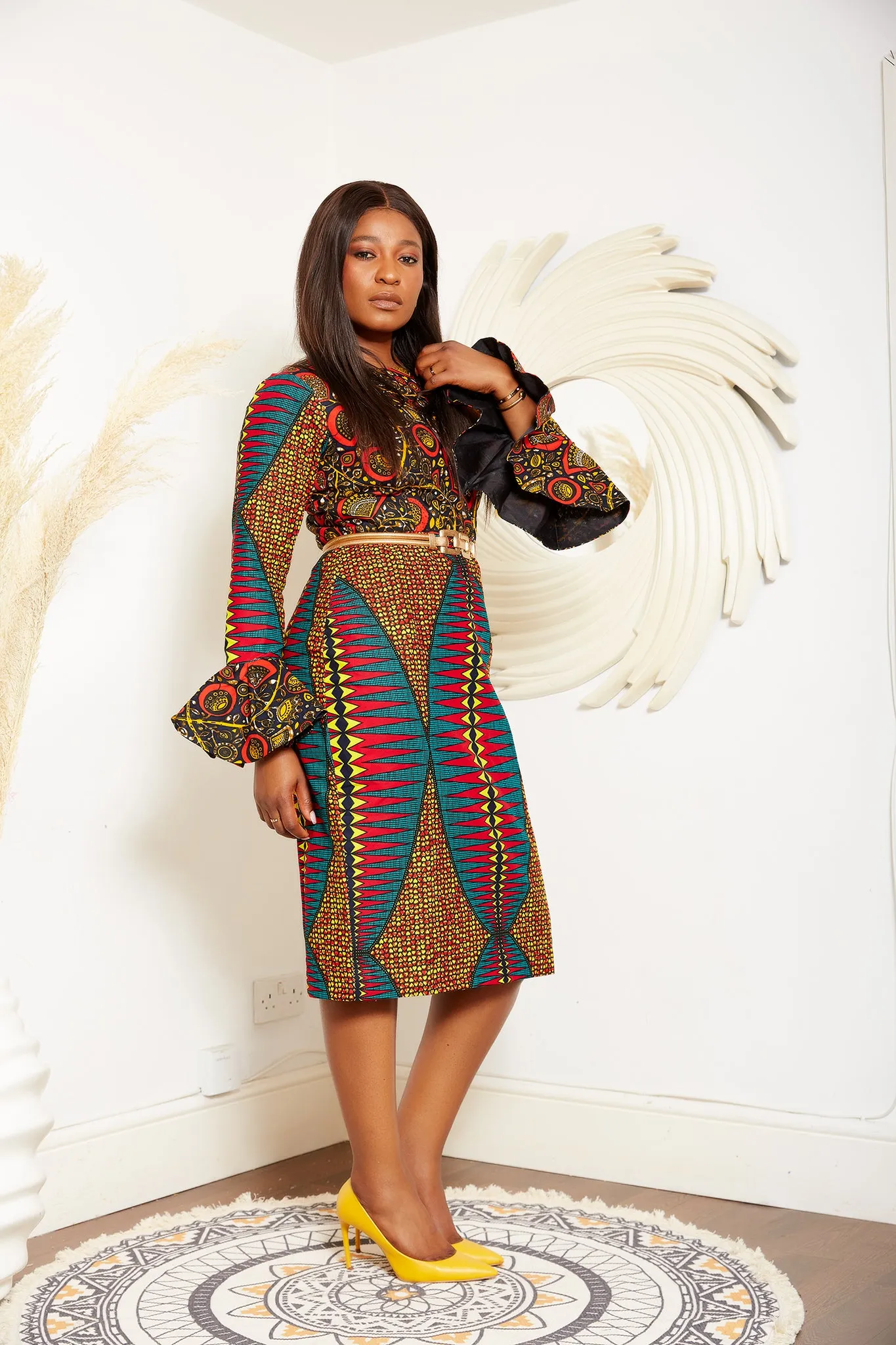 African Print Long Sleeve Pencil Midi Dress - Otega