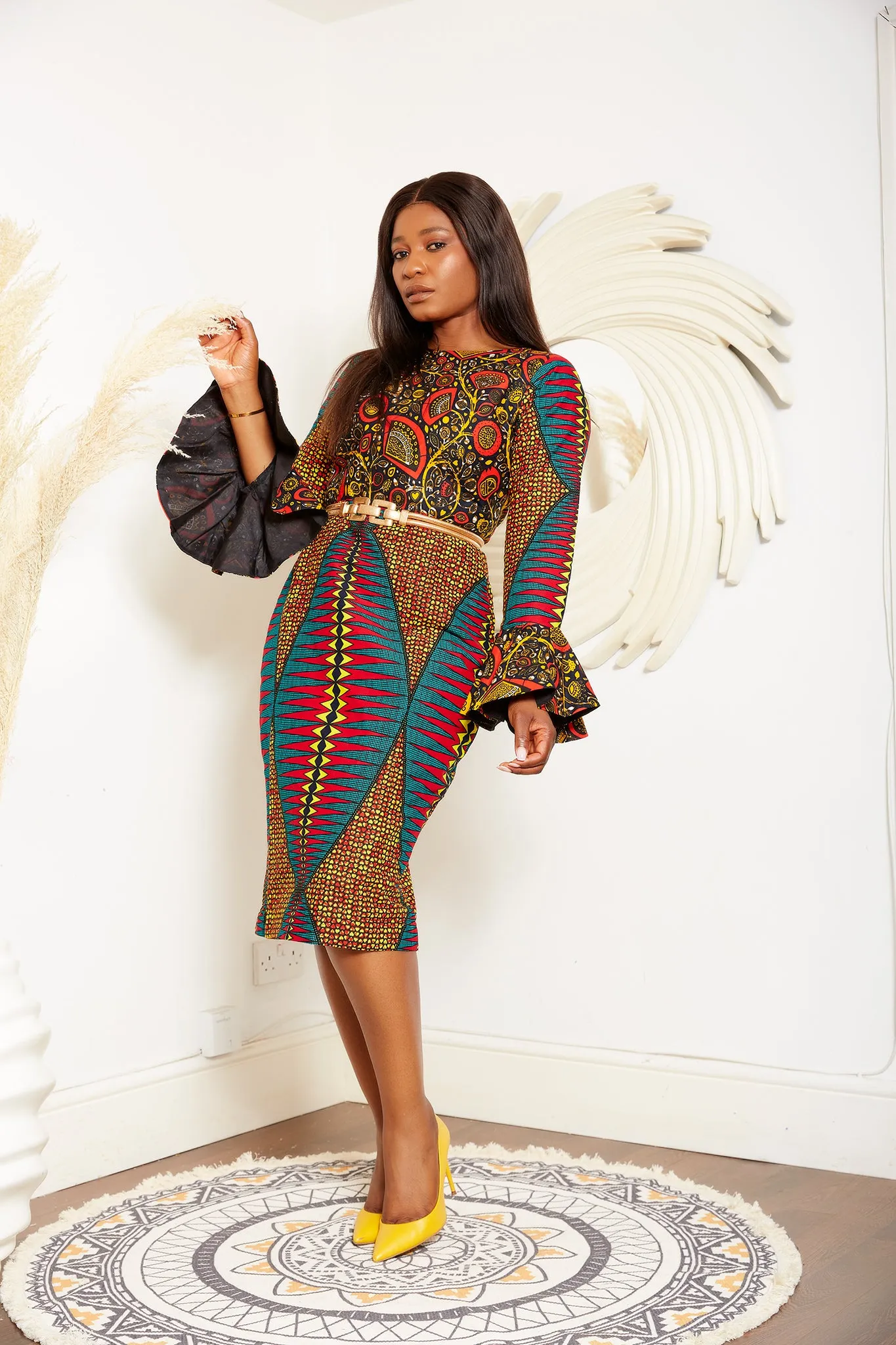 African Print Long Sleeve Pencil Midi Dress - Otega