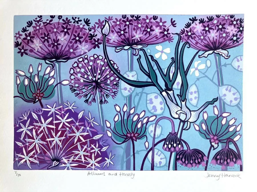 Alliums and Honesty - Original Linocut