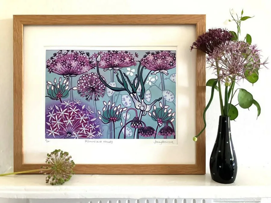 Alliums and Honesty - Original Linocut