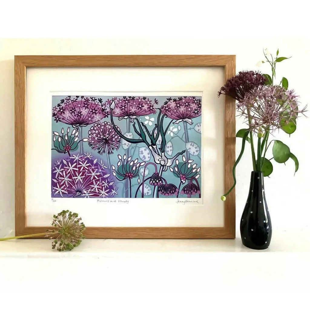 Alliums and Honesty - Original Linocut