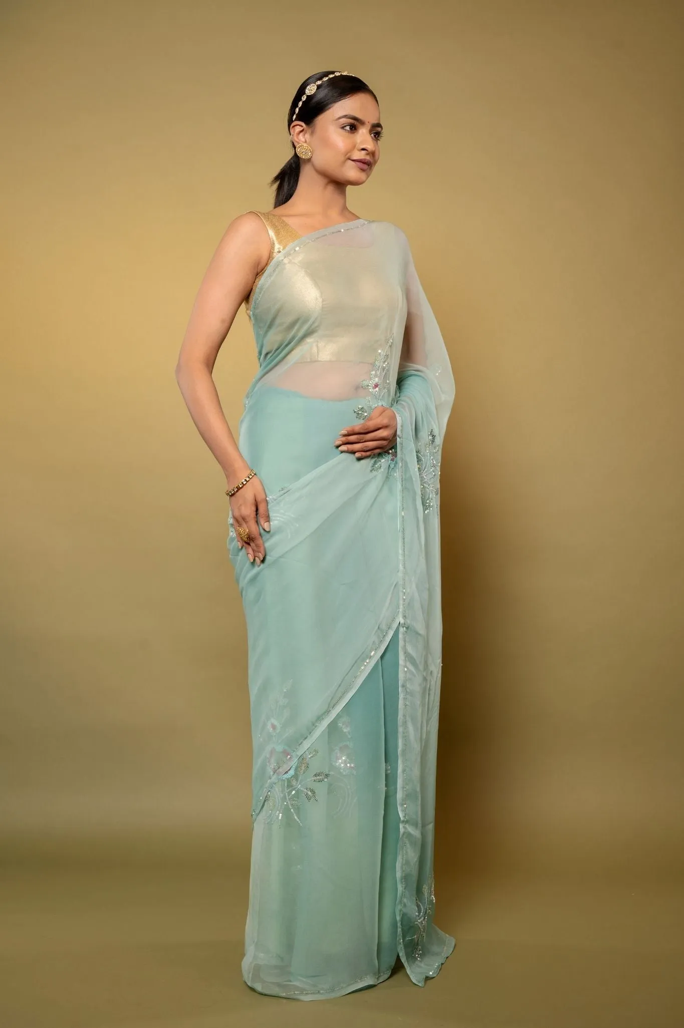 Aqua Green Chiffon Saree