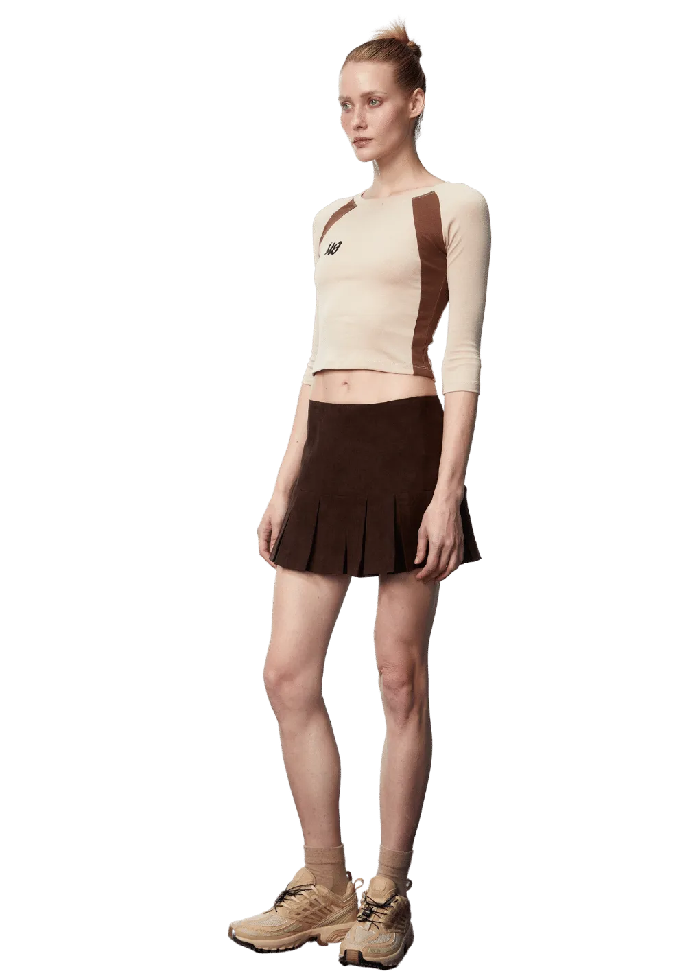 Asymmetric Zip Suede Pleated Skirt