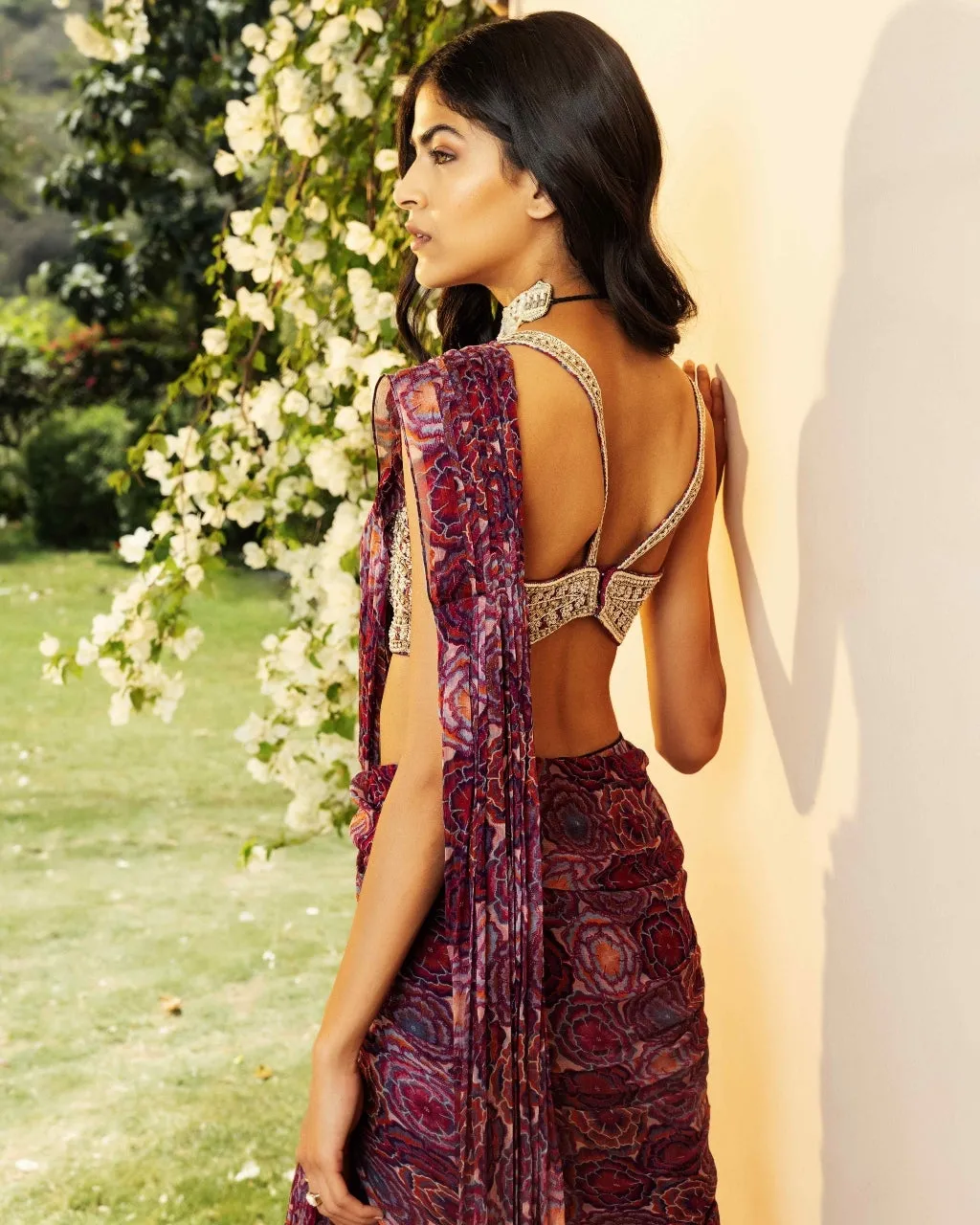 Bahaar Burgundy Tiered Sari Set