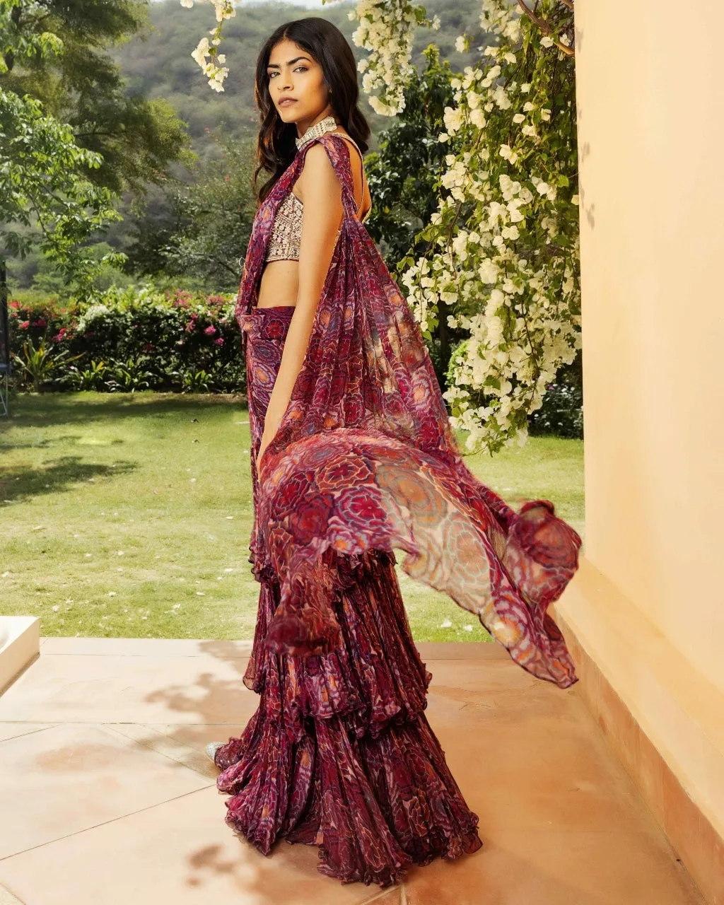 Bahaar Burgundy Tiered Sari Set