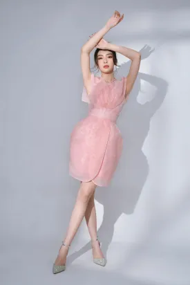 Barone Tulip Halter Neck Organza Mini Dress