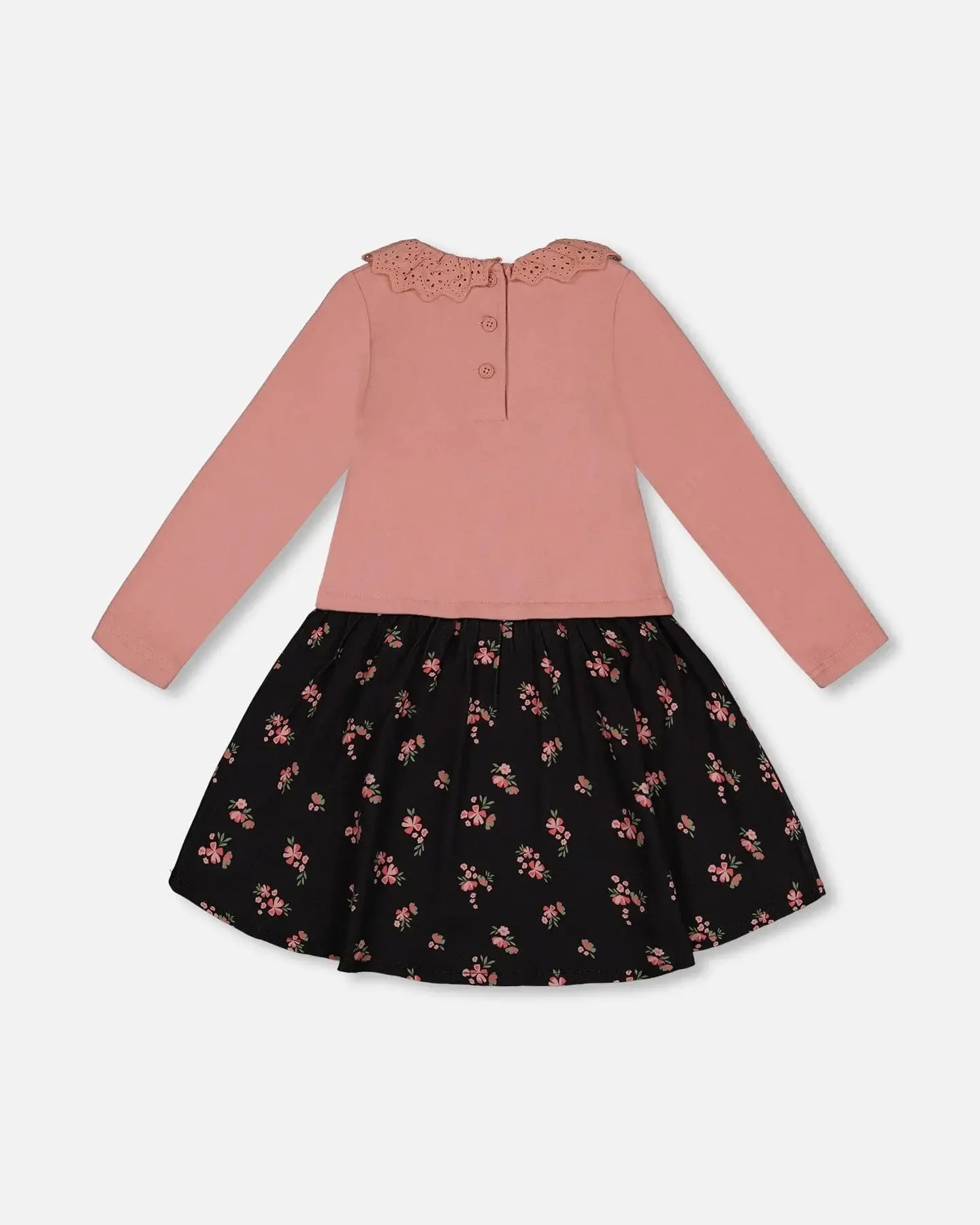 Bi-Material Dress With Eyelet Collar Light Pink Printed Flowers