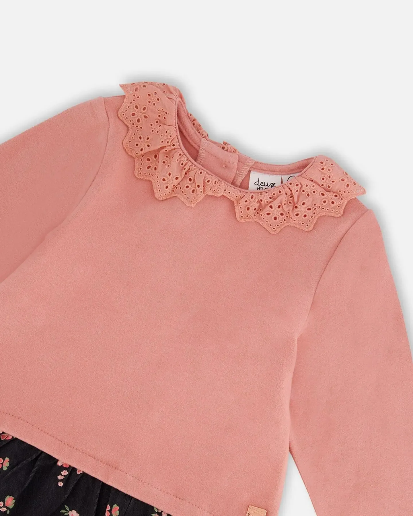 Bi-Material Dress With Eyelet Collar Light Pink Printed Flowers