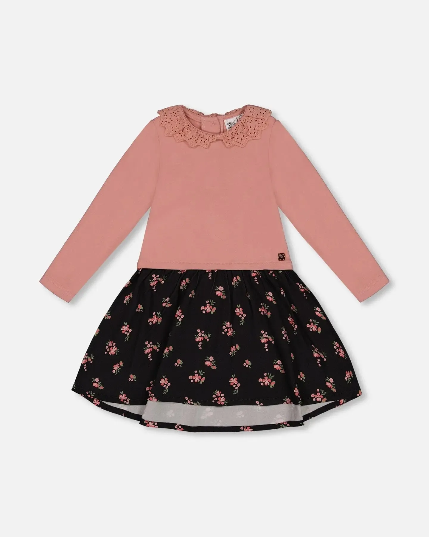 Bi-Material Dress With Eyelet Collar Light Pink Printed Flowers