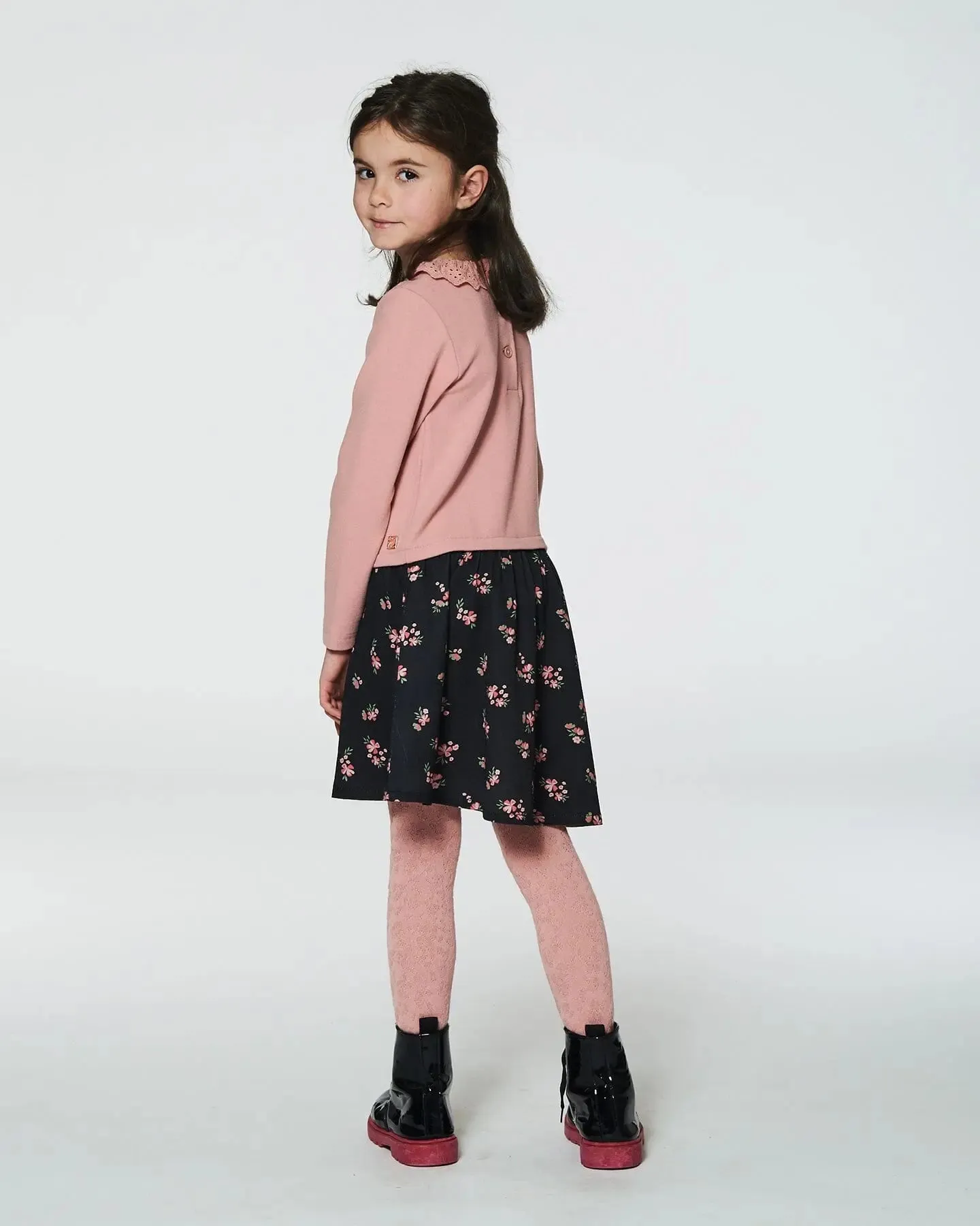 Bi-Material Dress With Eyelet Collar Light Pink Printed Flowers