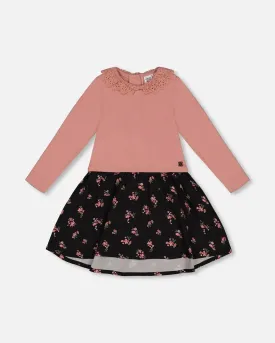 Bi-Material Dress With Eyelet Collar Light Pink Printed Flowers